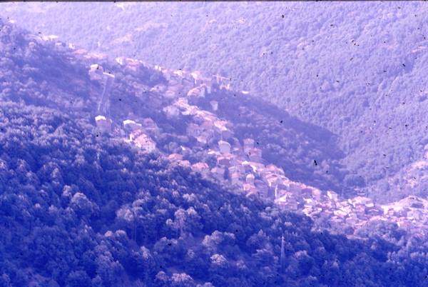 Village with light rooftops on wooded slopes, violet-tinted light