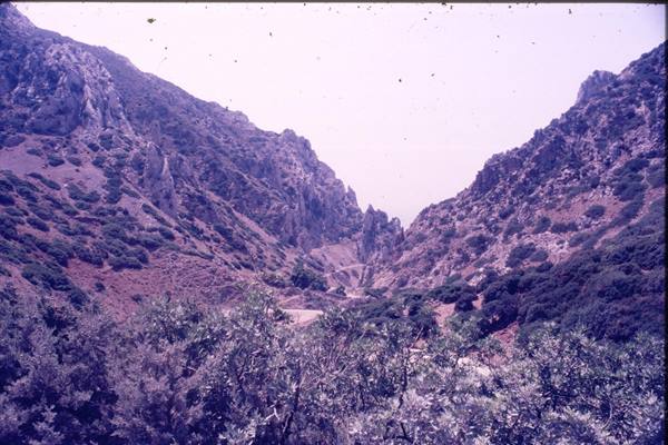 Rocky gorge between arid mountains and shrubs, sea visible in the distance