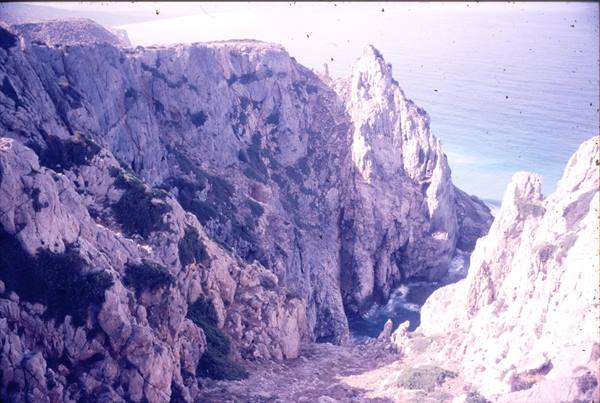 Jagged limestone cliffs on the coast, turquoise sea below, intense sunlight