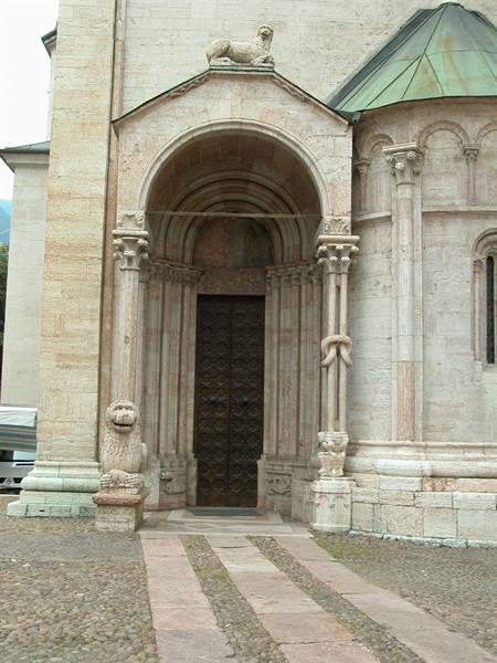 Romanesque stone portal with carved lions,Trento Cathedral
