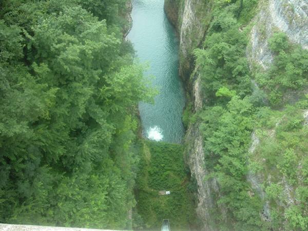 Green river flows between rocky gorges covered in forest, seen from above