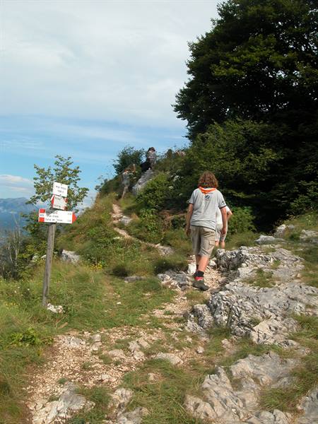 Boy walking barefoot on rocky mountain trail, CAI trail signs among trees