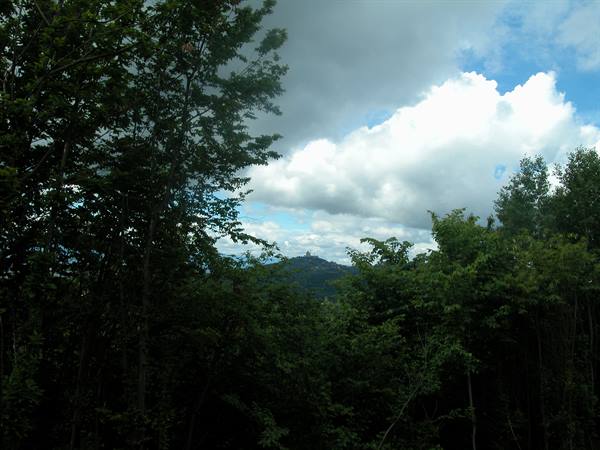 Green trees in foreground, hill with tower behind under white clouds