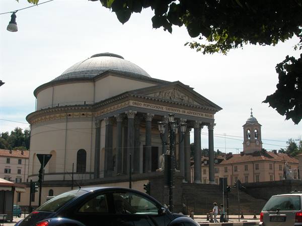 Gran Madre di Dio church in Turin, classical columns and dome above city traffic