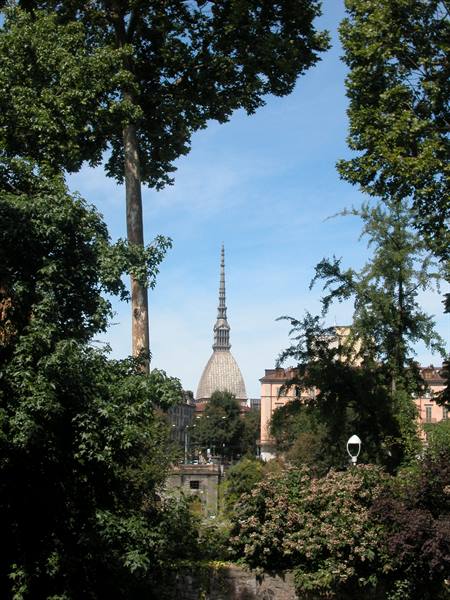 Turin's Mole Antonelliana spire rises above green park trees
