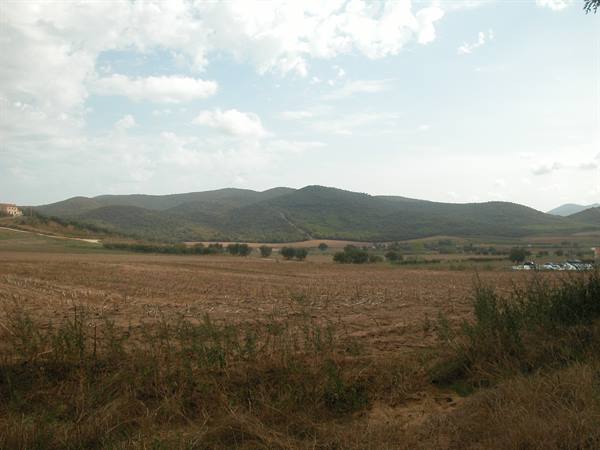 Plowed field in front of green hills under cloudy sky