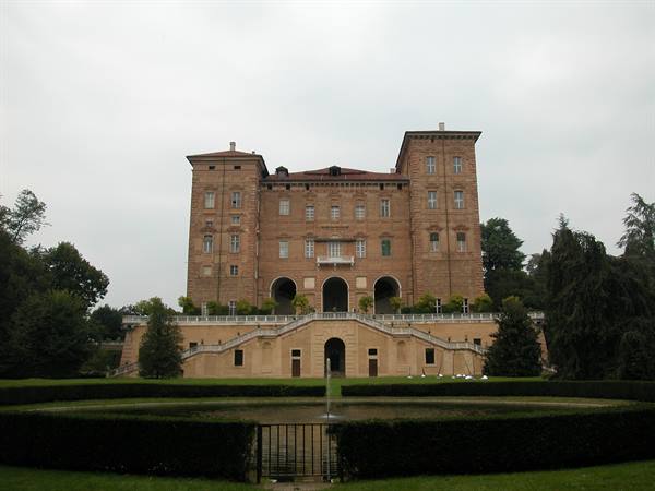 Ducale Castle of Agliè, brick towers above the fountain and gardens
