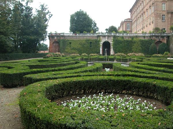 Geometric hedges and fountain in the Ducal Palace garden in Parma