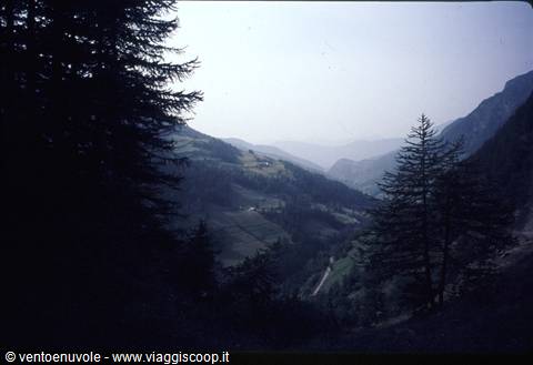 Dark conifers frame a green valley with road, hazy mountains beyond
