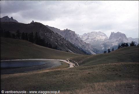 Lake beneath pale Dolomite peaks, golden meadows, gravel path winding through firs