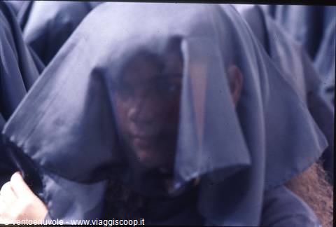 Woman shielding her face with a grey veil, strong light