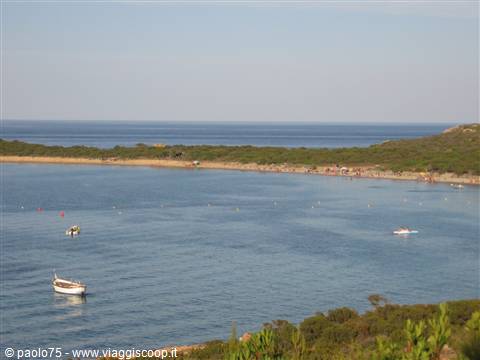 Boats anchored in a blue bay in front of Porto Sa Ruxi beach