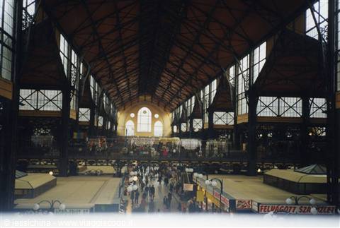 Budapest covered market hall, iron and glass structure, visitors among stalls