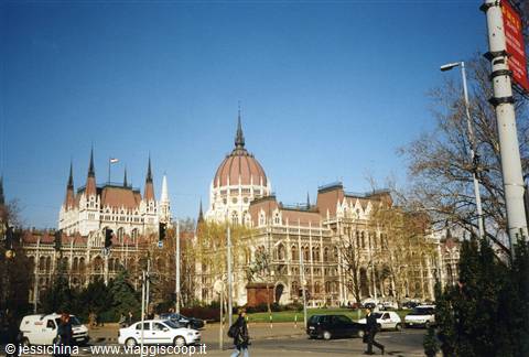 Budapest Parliament under a blue sky, with traffic and pedestrians nearby