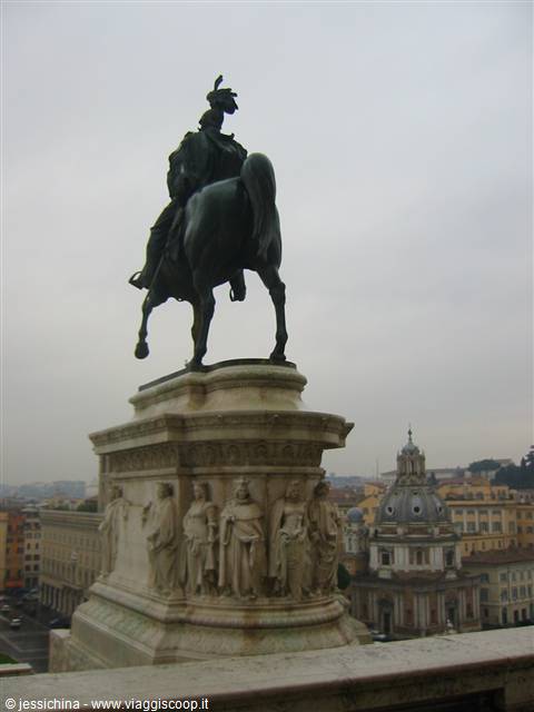 Equestrian statue of Victor Emmanuel II at the Vittoriano, Rome, under grey sky