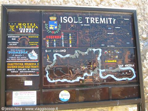 Metal information board with map of the Tremiti Islands, sunny light