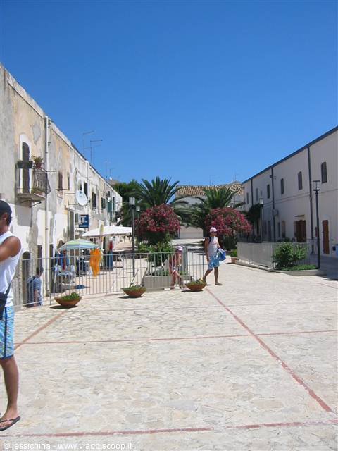 Stone-paved square between white houses, blooming oleanders and palms, people in sunlight