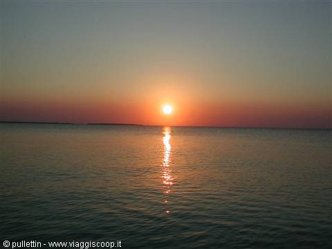 Low sun over flat sea, golden reflection on calm water