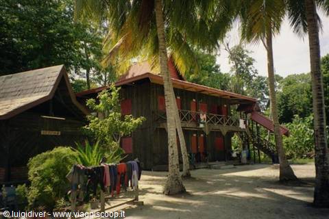 Wooden stilt bungalow among palm trees, laundry drying in the sun