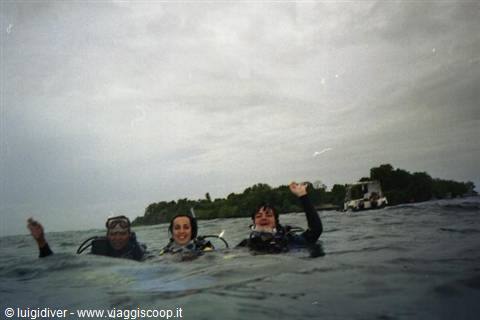 Three scuba divers waving in the water near a boat off a wooded shore