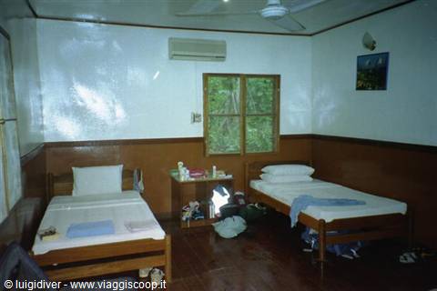 Simple room with two wooden beds, air conditioner and window over the forest