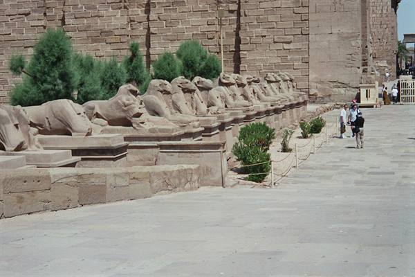 Avenue of ram-headed sphinxes at Karnak temple, tourists walking in sunlight