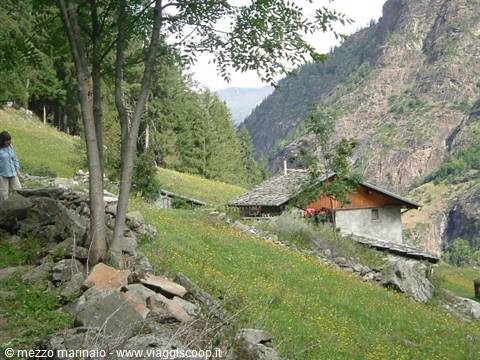 Stone and wood mountain hut on grassy slope, person walking past rock walls