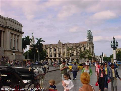 Tourists and horse carriage in front of Havana's Gran Teatro among palm trees