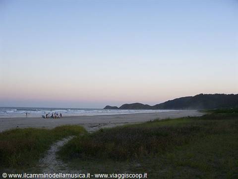 Sandy beach with people at the waterline and grassy dunes at dusk