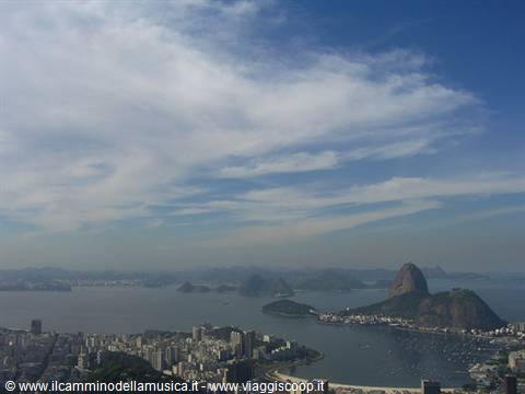 Sugarloaf Mountain rises over Rio de Janeiro's bay beneath scattered clouds