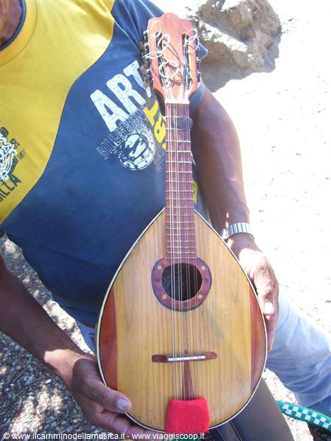 Man in yellow and blue shirt holding a wooden mandolin in bright sunlight