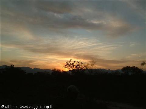 Low sun behind trees, silhouetted mountains and orange clouds