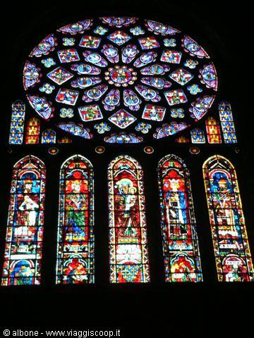Rose window and stained glass inside Chartres Cathedral