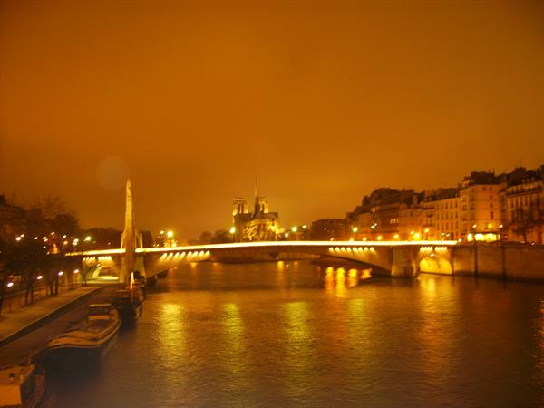 Illuminated Pont de l'Alma over the Seine in Paris, moored boats, golden lights