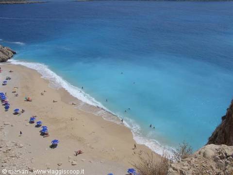 Kaputaş Beach: blue umbrellas on the sand, swimmers in turquoise water