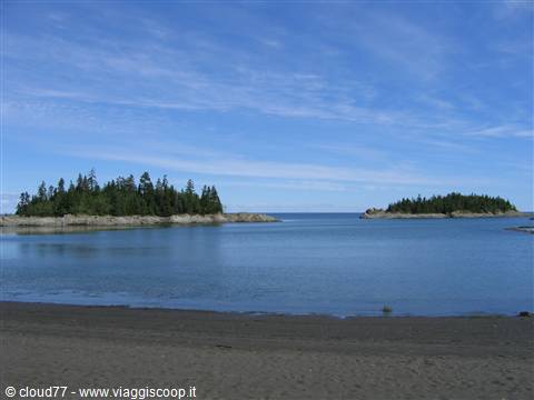 Sandy beach in front of small forested islets under blue sky