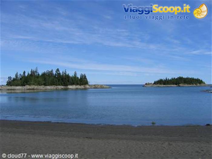 Sandy beach in front of small forested islets under blue sky