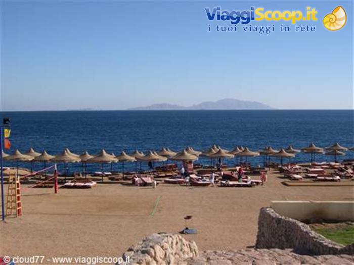 Beach with straw umbrellas and sunbeds on the Red Sea, Sharm el-Sheikh