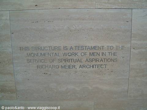 Inscription engraved in travertine by architect Richard Meier, celebrating spiritual work