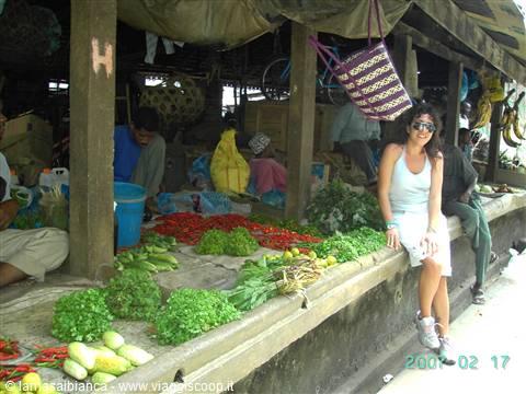 Tourist sitting on the edge of a boat market loaded with fresh vegetables