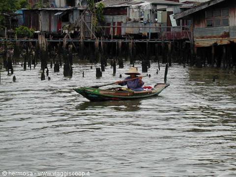 Fisherman in straw hat rows a wooden boat past stilt houses