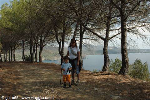 Woman and child walking on sandy path among pines, blue sea behind