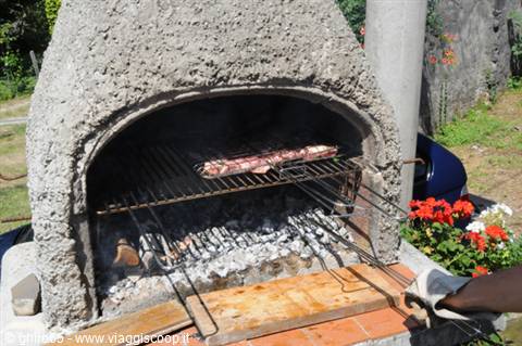 Stone barbecue grilling meat in a flowered garden