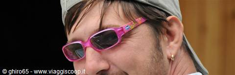 Close-up of smiling man wearing pink sunglasses and a grey cap
