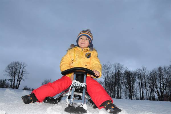 Child in yellow jacket on a Hamax sled in the snow, bare trees behind