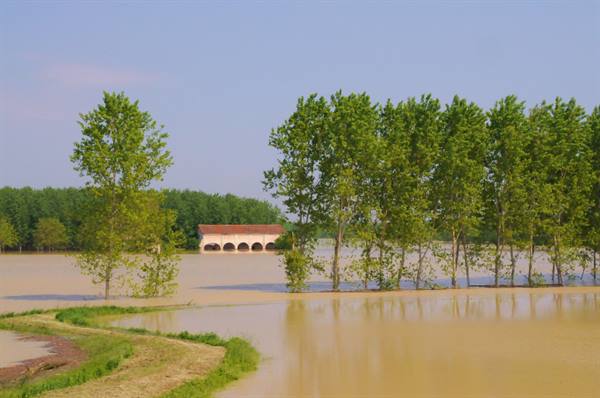 Fields flooded with brown water, green poplars and an arcaded farmhouse in the distance