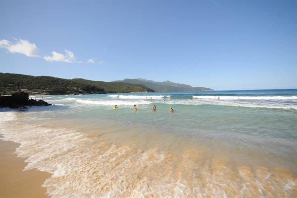 Swimmers among waves on pale sand beach, green hills behind
