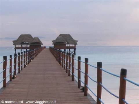 Wooden pier over the sea leading to thatched-roof stilt huts