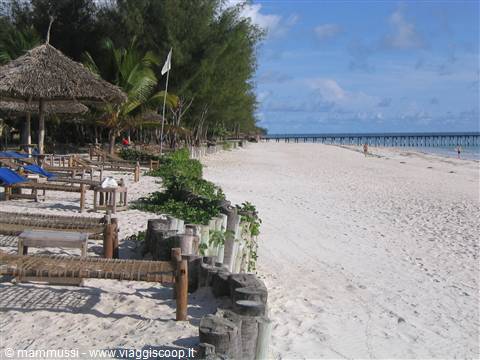 White sand beach with straw umbrellas, sun loungers and a long wooden pier