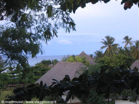 Thatched-roof huts among palms and tropical greenery overlooking the sea